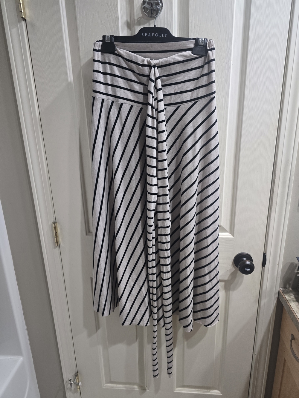 Seafolly Black and White Striped A-Line Midi Skirt with Front Tie